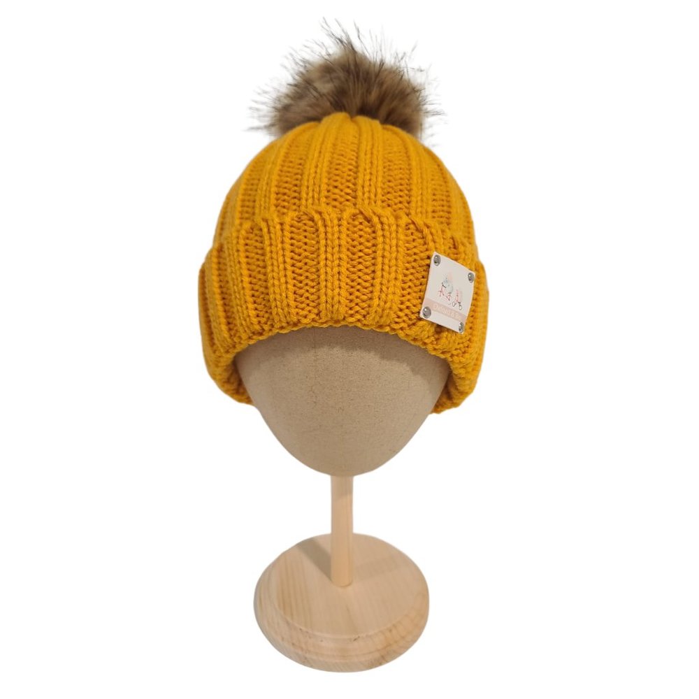 Hunter Knit Beanie With Faux Fur Pom Pom, Gold